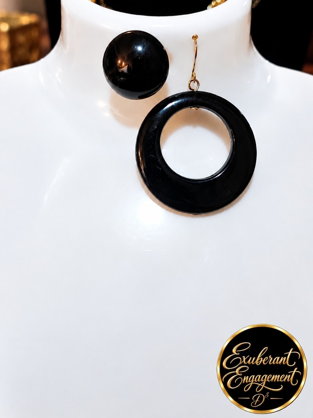 Bold Black Vintage Button & Open-Circle Drop Earrings